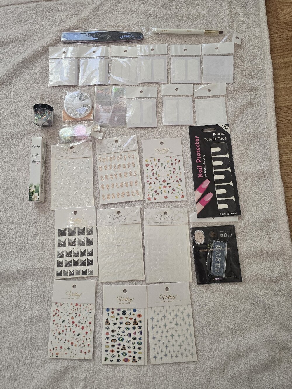 Vettsy Holographic & Solid Floral Nail Art Lot Stickers Glitter Brush Oil File